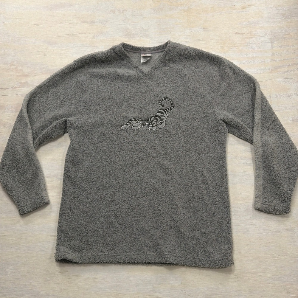 Disney Store Sweater Tigger Fleece V-Neck Embroidered Gray Women Size M